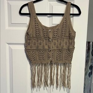 Small Fringed Knit Tank Top - Tan